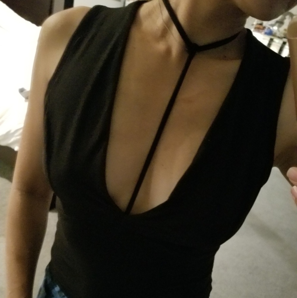 Black plunging V bodysuit with choker